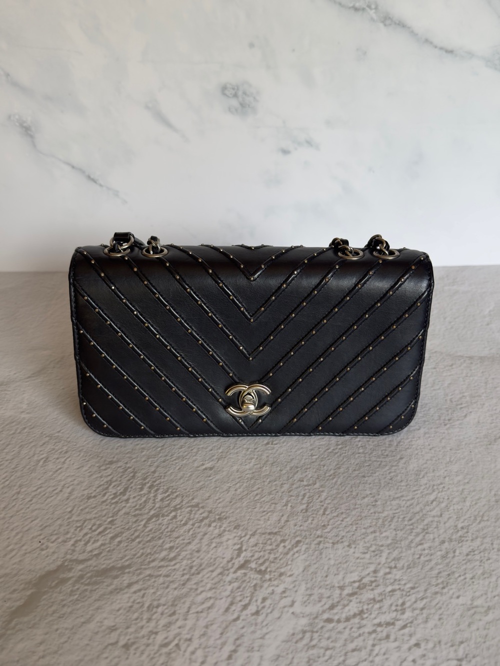 CHANEL Stud Wars Black Chevron Flap Bag Silver HW Rare